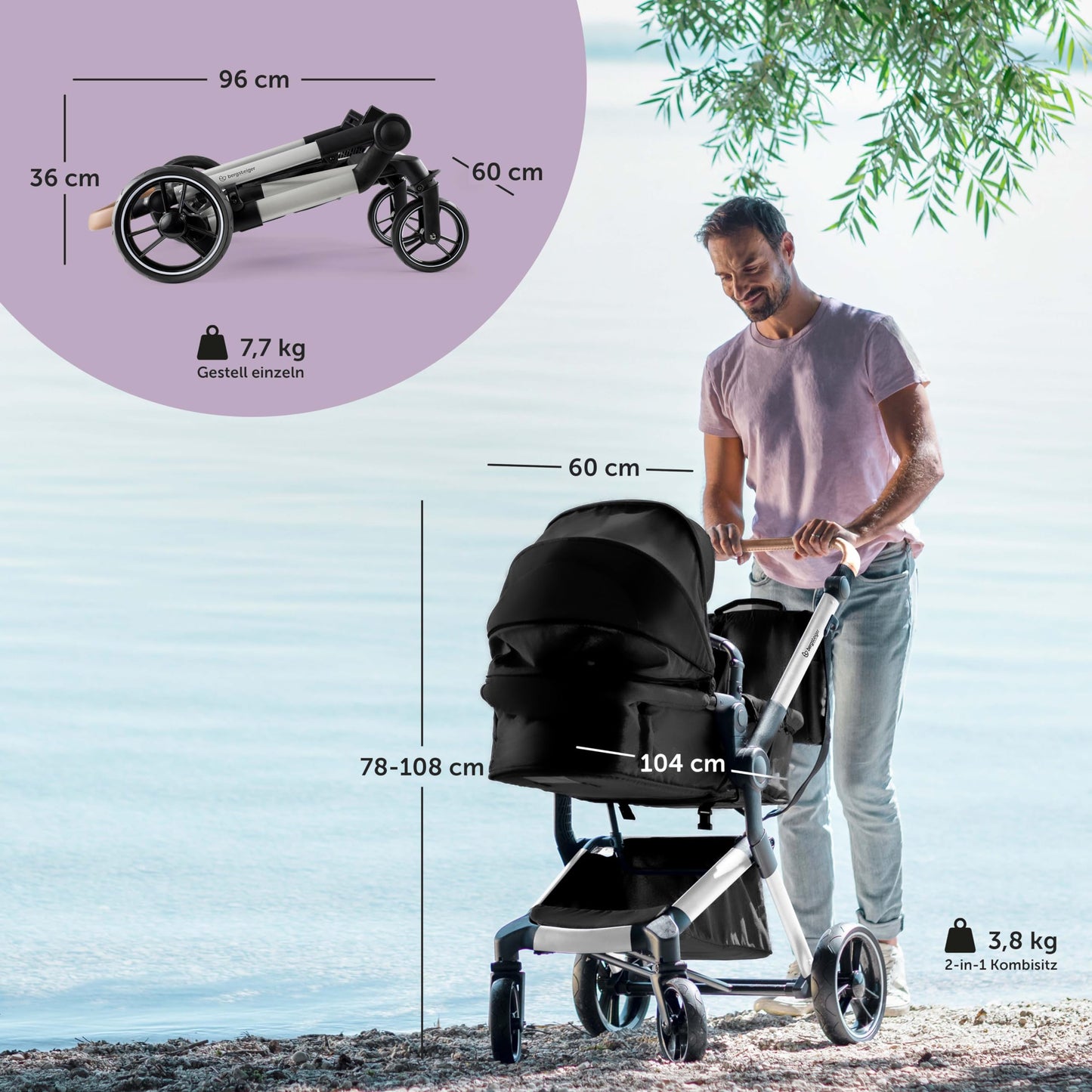 Bergsteiger Kinderwagen Lugo 3in1, Kombikinderwagen Set, Babyschale, Buggy, Isofix erhältlich