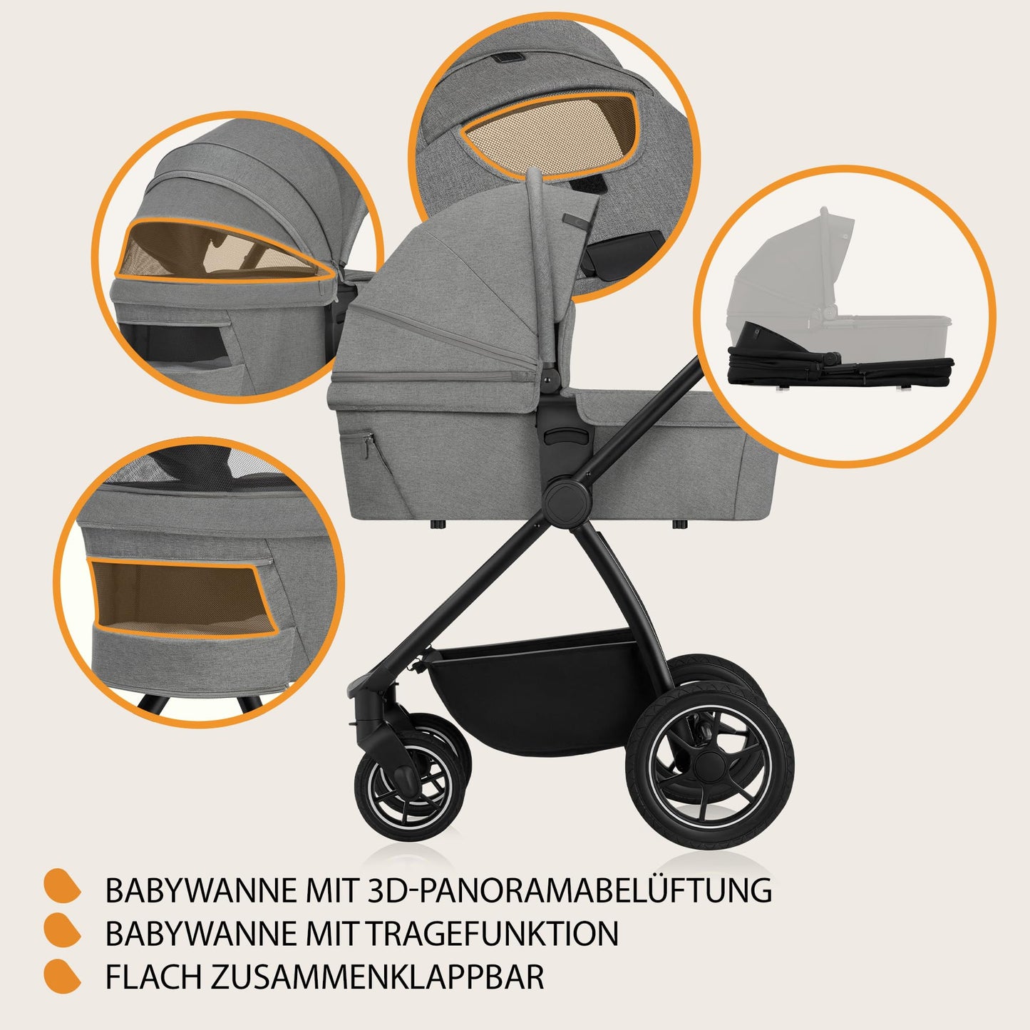 LIONELO MERIL 3-in-1 Multifunktionaler Kinderwagen, 0-48 Monate, Bis zu 22 kg, Geländeräder 360°, Vollfederung, XXL-Verdeck mit UPF50+