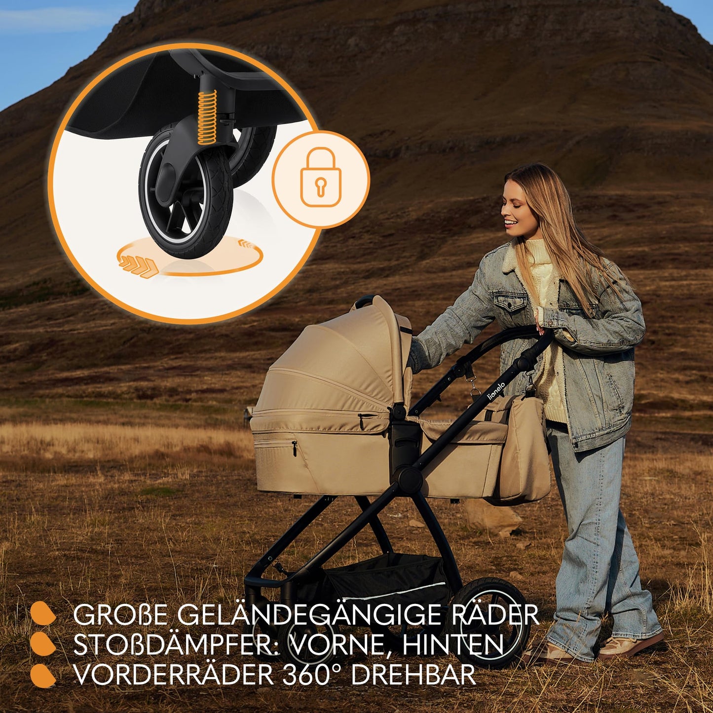 LIONELO MERIL 3-in-1 Multifunktionaler Kinderwagen, 0-48 Monate, Bis zu 22 kg, Geländeräder 360°, Vollfederung, XXL-Verdeck mit UPF50+