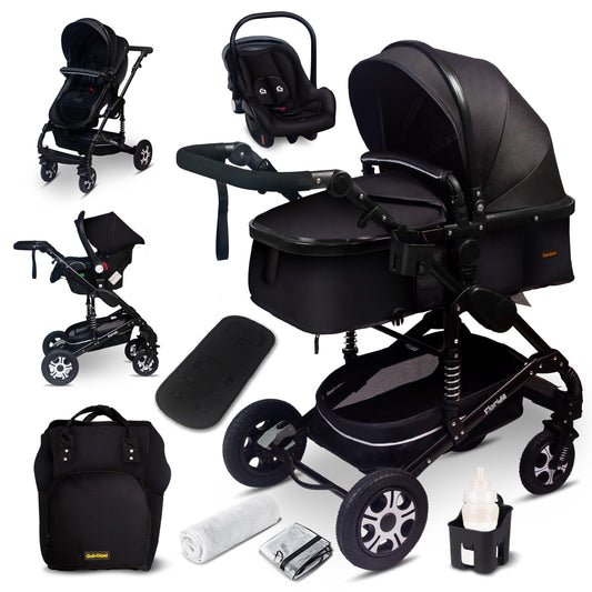 GaGaDumi Florida 3in1 Kinderwagen Set, Autositz, Kombikinderwagen mit Voll-Gummireifen, Wickeltasche, TÜV, Schwarz/Schwarz
