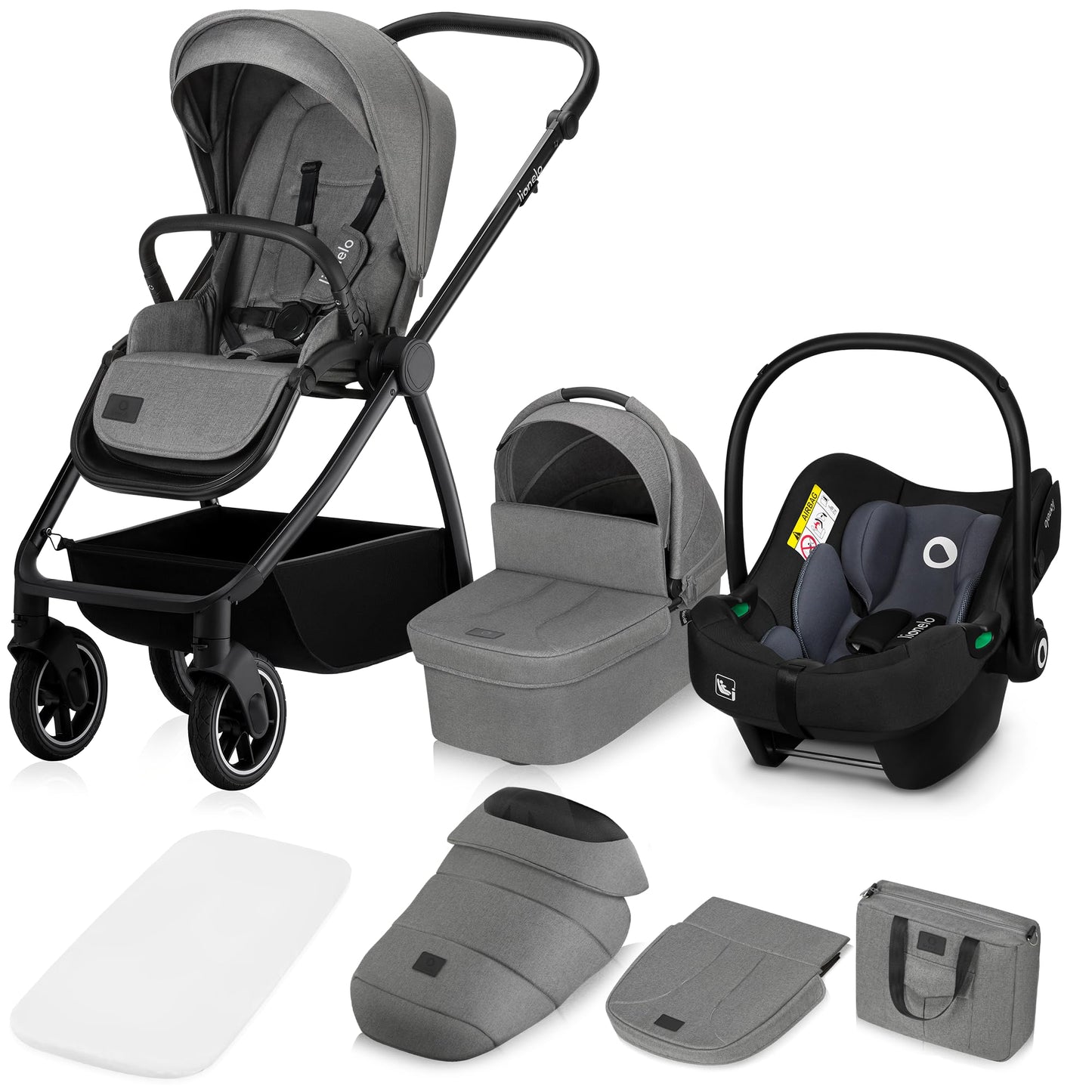 LIONELO MERIL 3-in-1 Multifunktionaler Kinderwagen, 0-48 Monate, Bis zu 22 kg, Geländeräder 360°, Vollfederung, XXL-Verdeck mit UPF50+