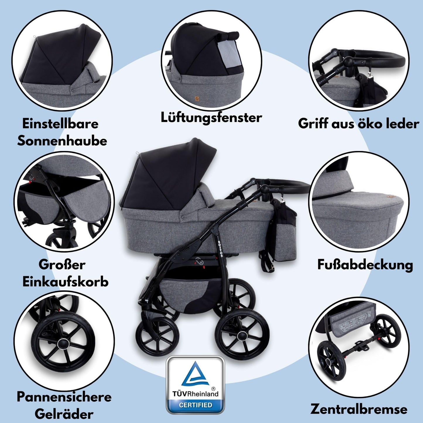GaGaDumi Boston 3in1 Kinderwagen Set, Kombikinderwagen mit Autositz, TÜV-zertifiziert, Grau Jeans
