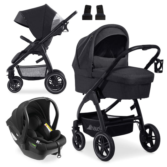 Hauck 3in1 Kinderwagen Set Saturn R, Babyschale, Babywanne & Buggy, ab Geburt bis 22 kg, Melange Schwarz