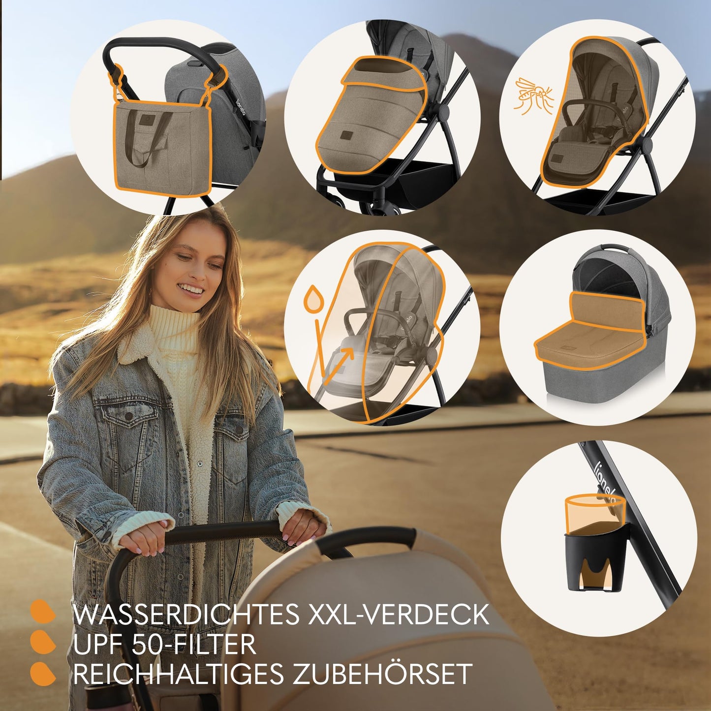 LIONELO MERIL 3-in-1 Multifunktionaler Kinderwagen, 0-48 Monate, Bis zu 22 kg, Geländeräder 360°, Vollfederung, XXL-Verdeck mit UPF50+