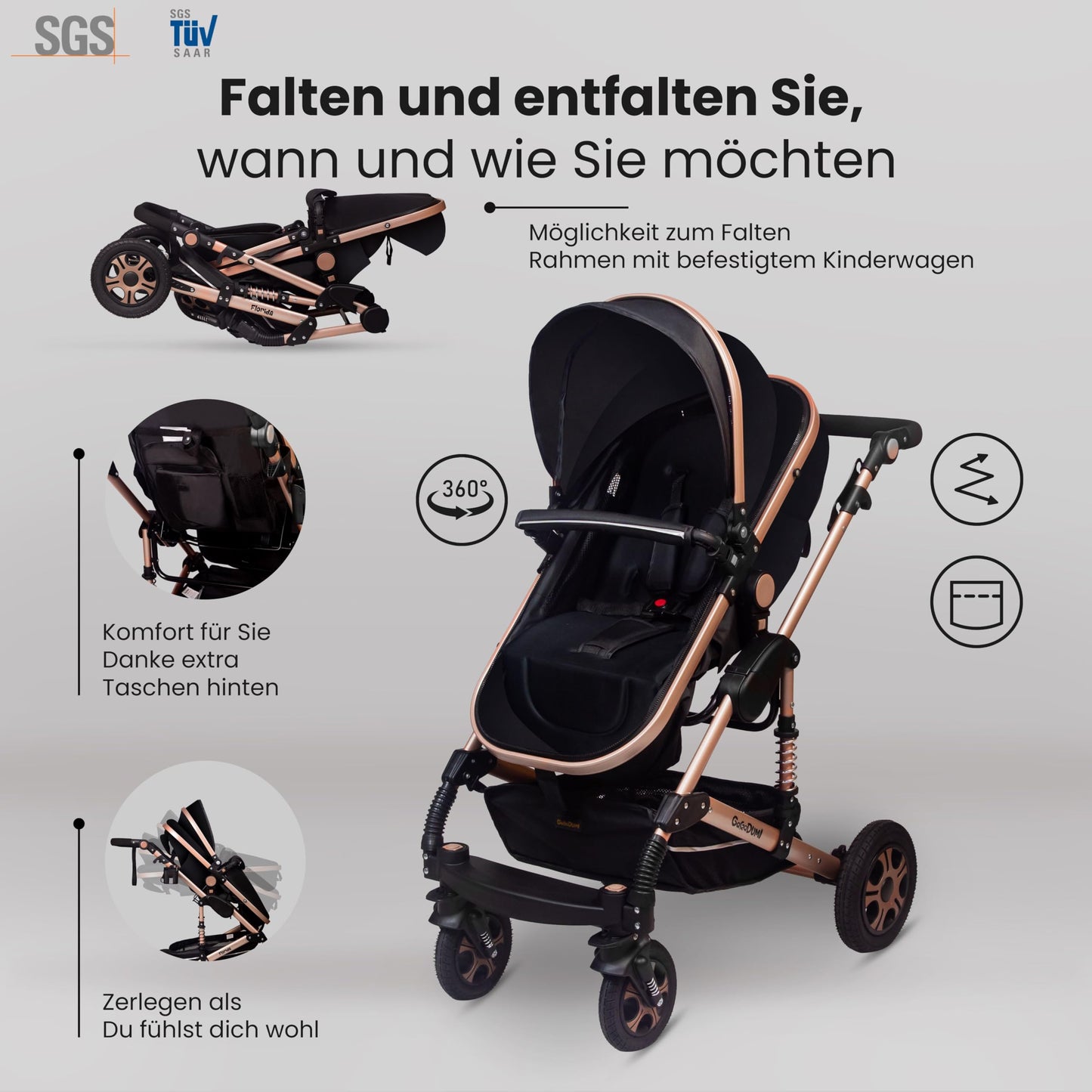 GaGaDumi Florida 3in1 Kinderwagen Set, Autositz, Kombikinderwagen mit Voll-Gummireifen, Wickeltasche, TÜV, Schwarz/Schwarz