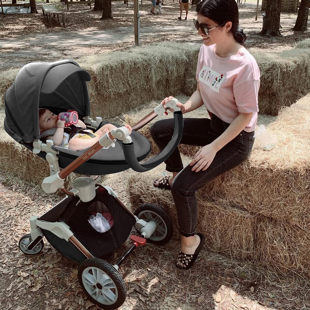 Hot Mom 2-in-1 Kinderwagen, 360° Drehbar, Babywanne & Sportsitz, PU-Reifen, Kunstleder-Sitz, Dunkelgrau