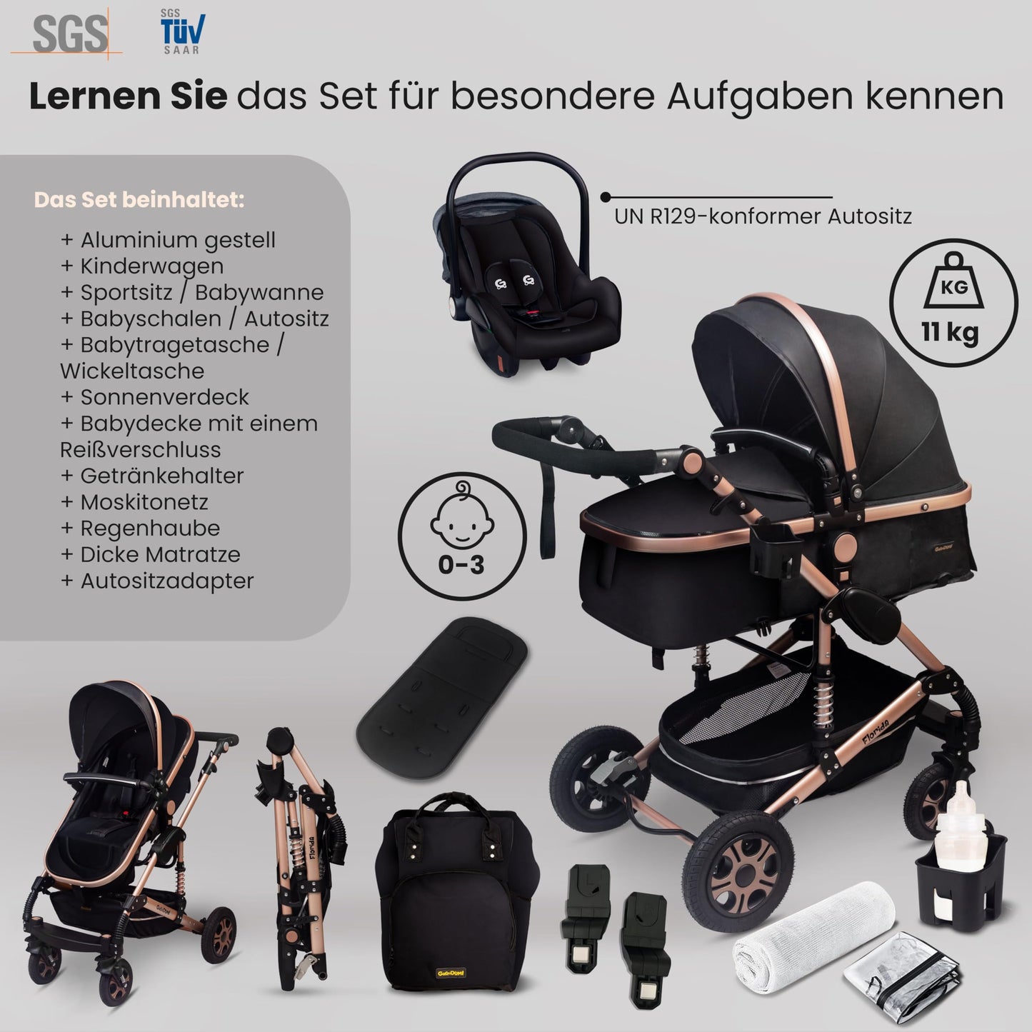 GaGaDumi Florida 3in1 Kinderwagen Set, Autositz, Kombikinderwagen mit Voll-Gummireifen, Wickeltasche, TÜV, Schwarz/Schwarz