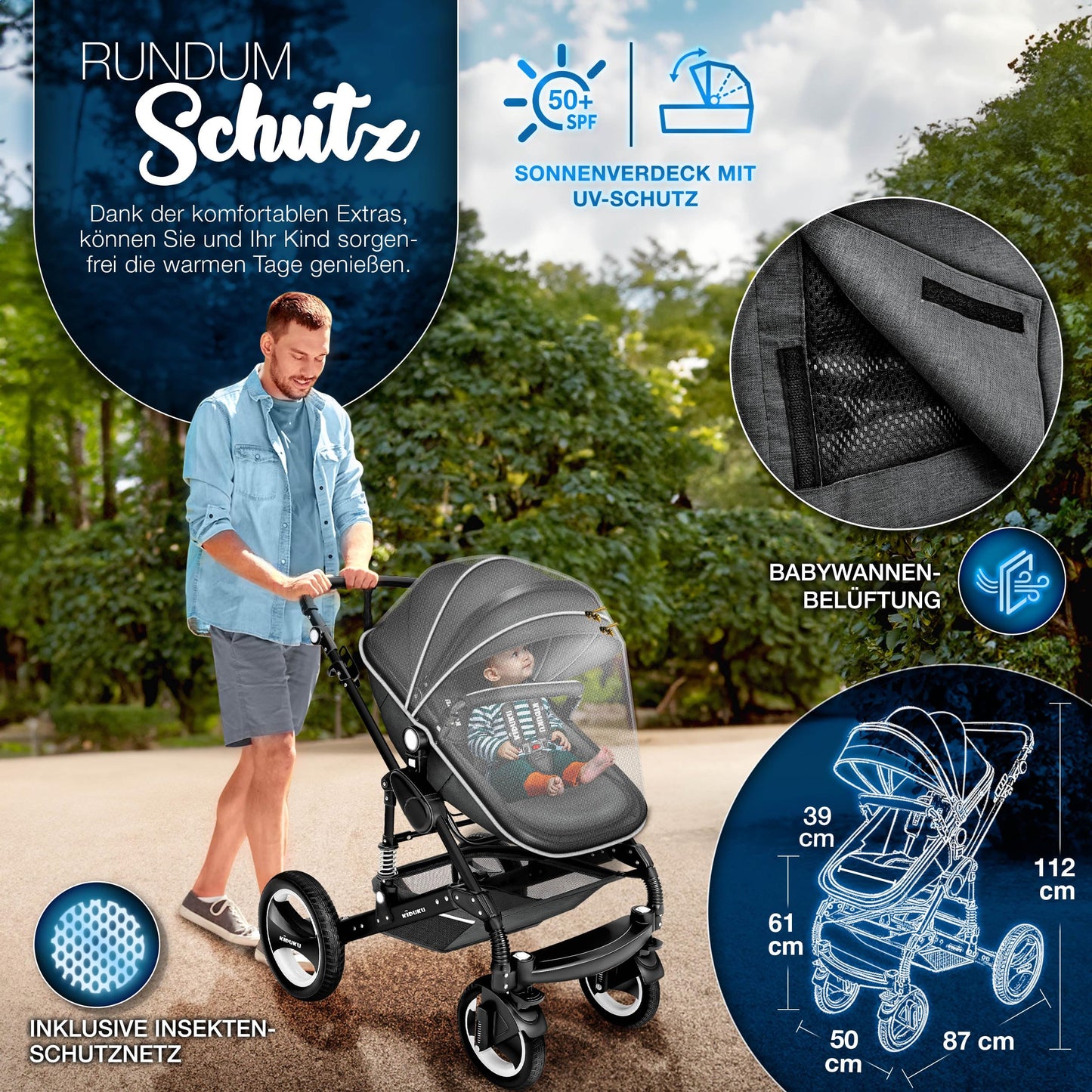 KIDUKU 3-in-1 Kinderwagen Komplettset, Kombikinderwagen, Babywanne, Buggy, Auto-Babyschale, Fußsack, ECE R129
