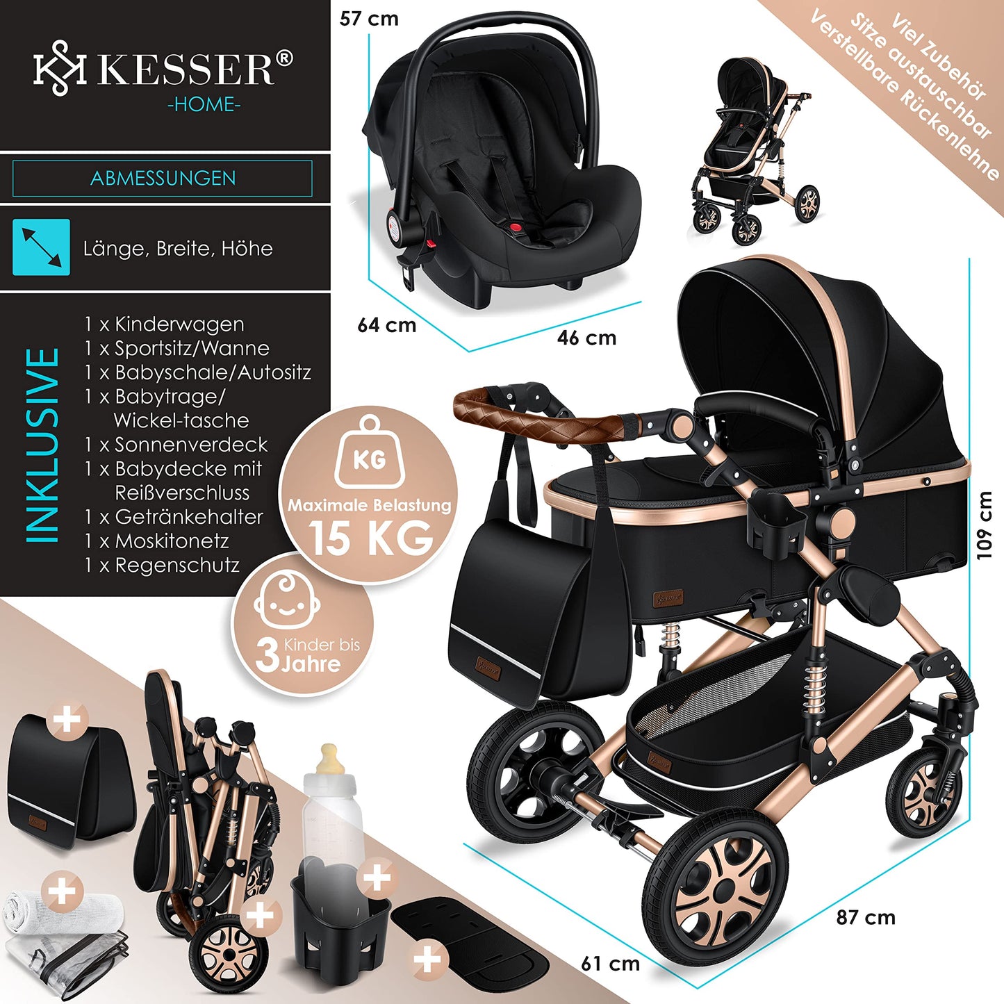 KESSER Loops 3-in-1 Kinderwagen Set, Kombikinderwagen inkl. Babywanne, Buggy, Auto-Babyschale, Voll-Gummireifen, Wickeltasche, ECE R129, Schwarz/Champagne