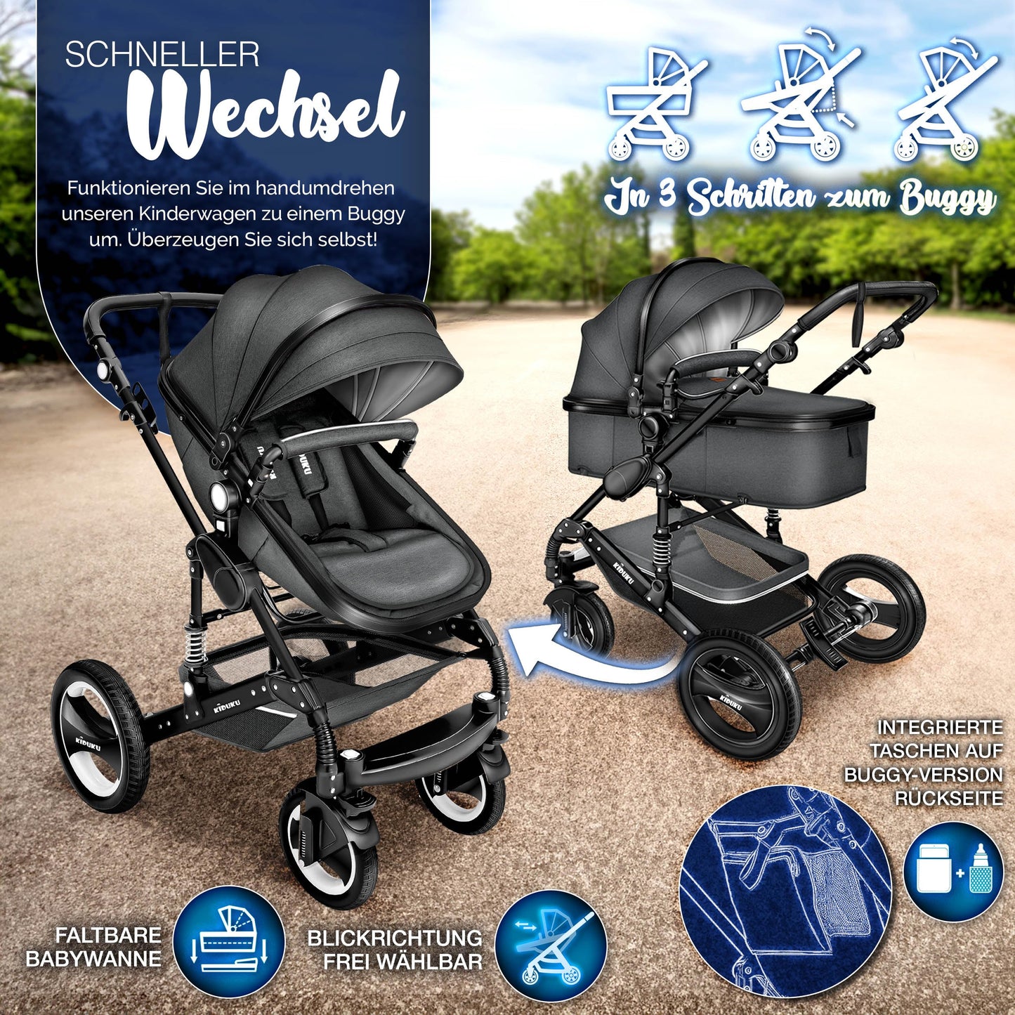 KIDUKU 3-in-1 Kinderwagen Komplettset, Kombikinderwagen, Babywanne, Buggy, Auto-Babyschale, Fußsack, ECE R129
