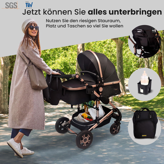 GaGaDumi Florida 3in1 Kinderwagen Set, Autositz, Kombikinderwagen mit Voll-Gummireifen, Wickeltasche, TÜV, Schwarz/Schwarz