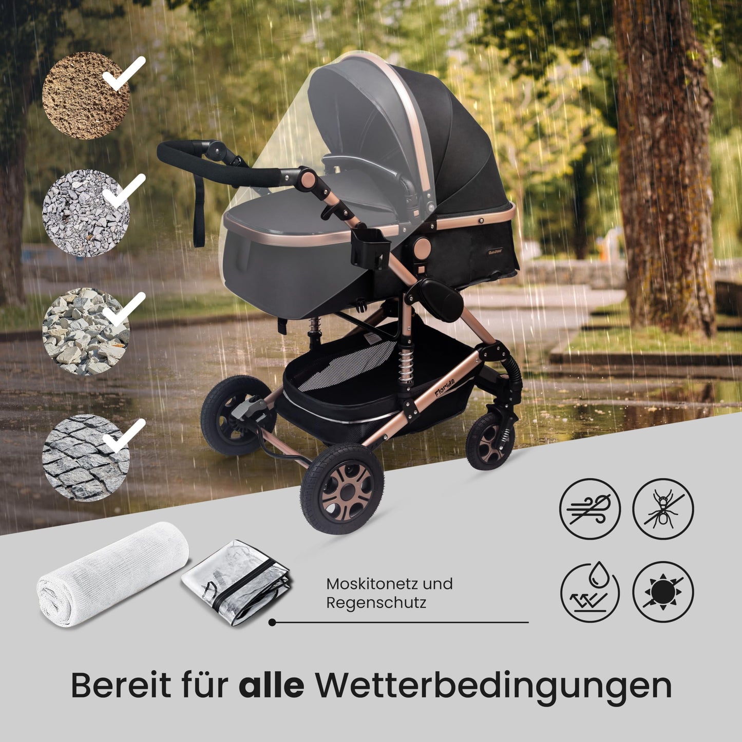 GaGaDumi Florida 3in1 Kinderwagen Set, Autositz, Kombikinderwagen mit Voll-Gummireifen, Wickeltasche, TÜV, Schwarz/Schwarz