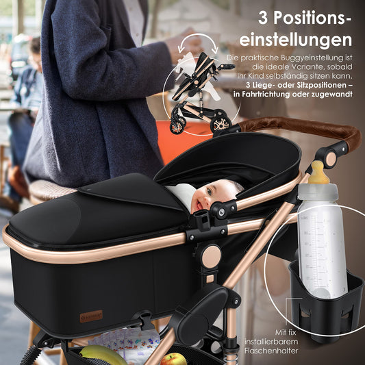 KESSER Loops 3-in-1 Kinderwagen Set, Kombikinderwagen inkl. Babywanne, Buggy, Auto-Babyschale, Voll-Gummireifen, Wickeltasche, ECE R129, Schwarz/Champagne