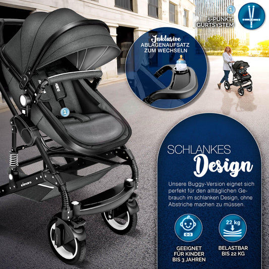 KIDUKU 3-in-1 Kinderwagen Komplettset, Kombikinderwagen, Babywanne, Buggy, Auto-Babyschale, Fußsack, ECE R129