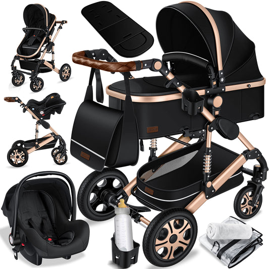 KESSER Loops 3-in-1 Kinderwagen Set, Kombikinderwagen inkl. Babywanne, Buggy, Auto-Babyschale, Voll-Gummireifen, Wickeltasche, ECE R129, Schwarz/Champagne