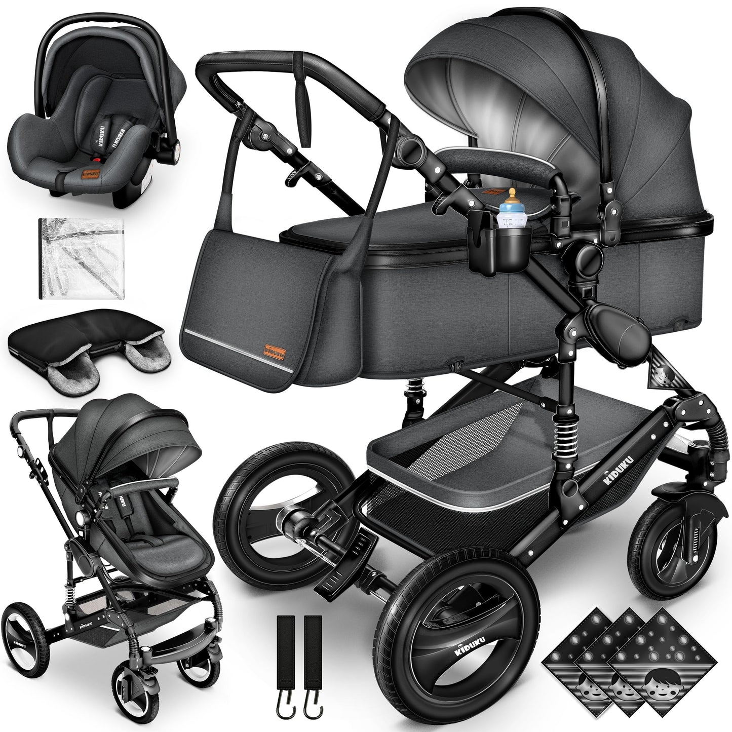 KIDUKU 3-in-1 Kinderwagen Komplettset, Kombikinderwagen, Babywanne, Buggy, Auto-Babyschale, Fußsack, ECE R129