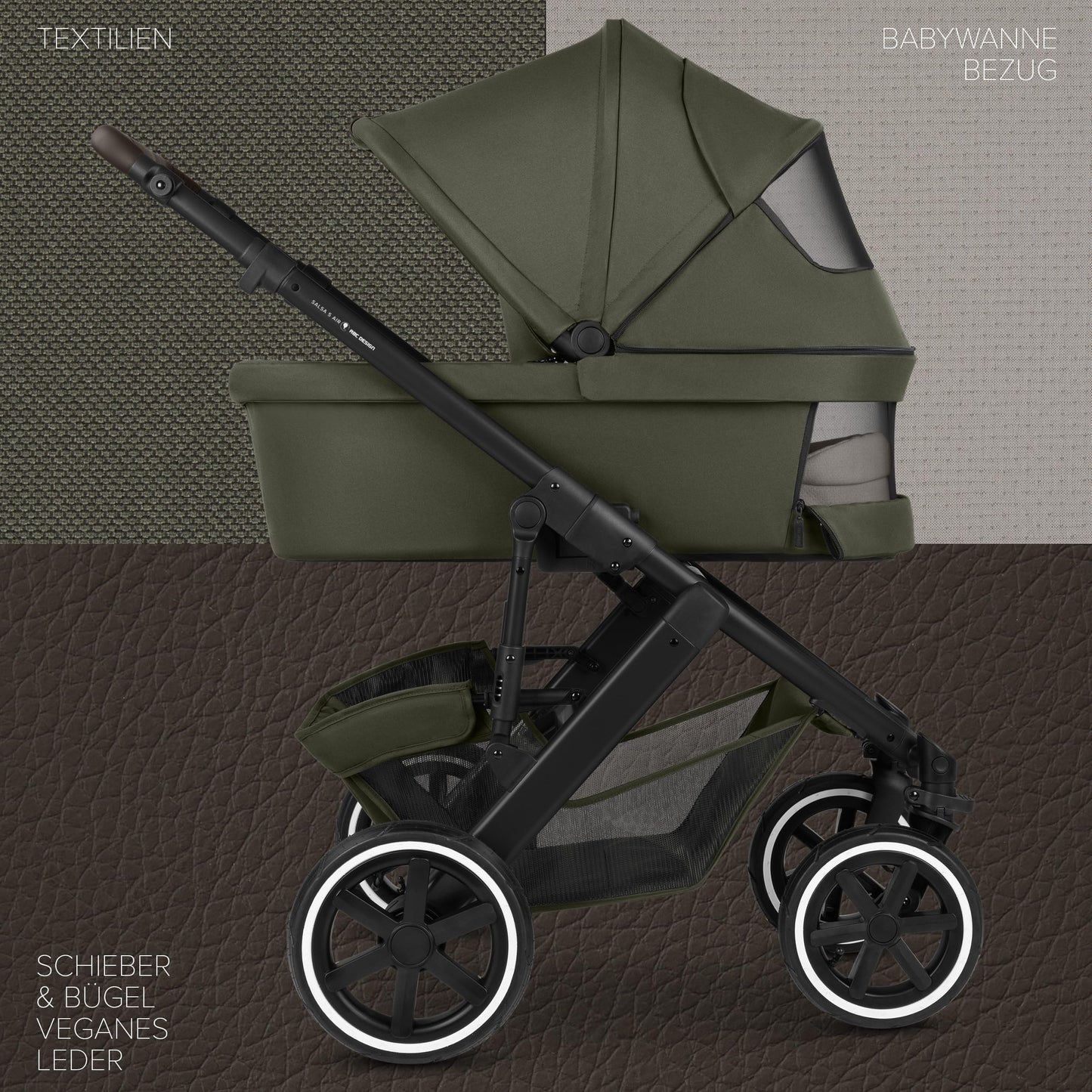 ABC Design Salsa 5 Air Avocado, 2in1 Kombi-Kinderwagen ab Geburt, Luftreifen, Federung, Große Babywanne