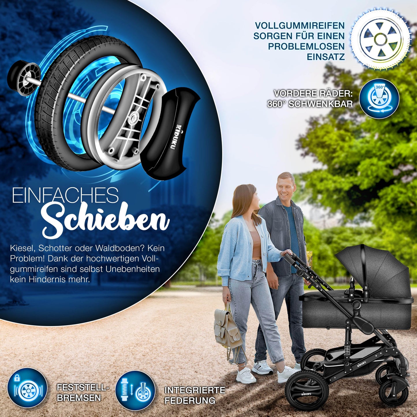 KIDUKU 3-in-1 Kinderwagen Komplettset, Kombikinderwagen, Babywanne, Buggy, Auto-Babyschale, Fußsack, ECE R129