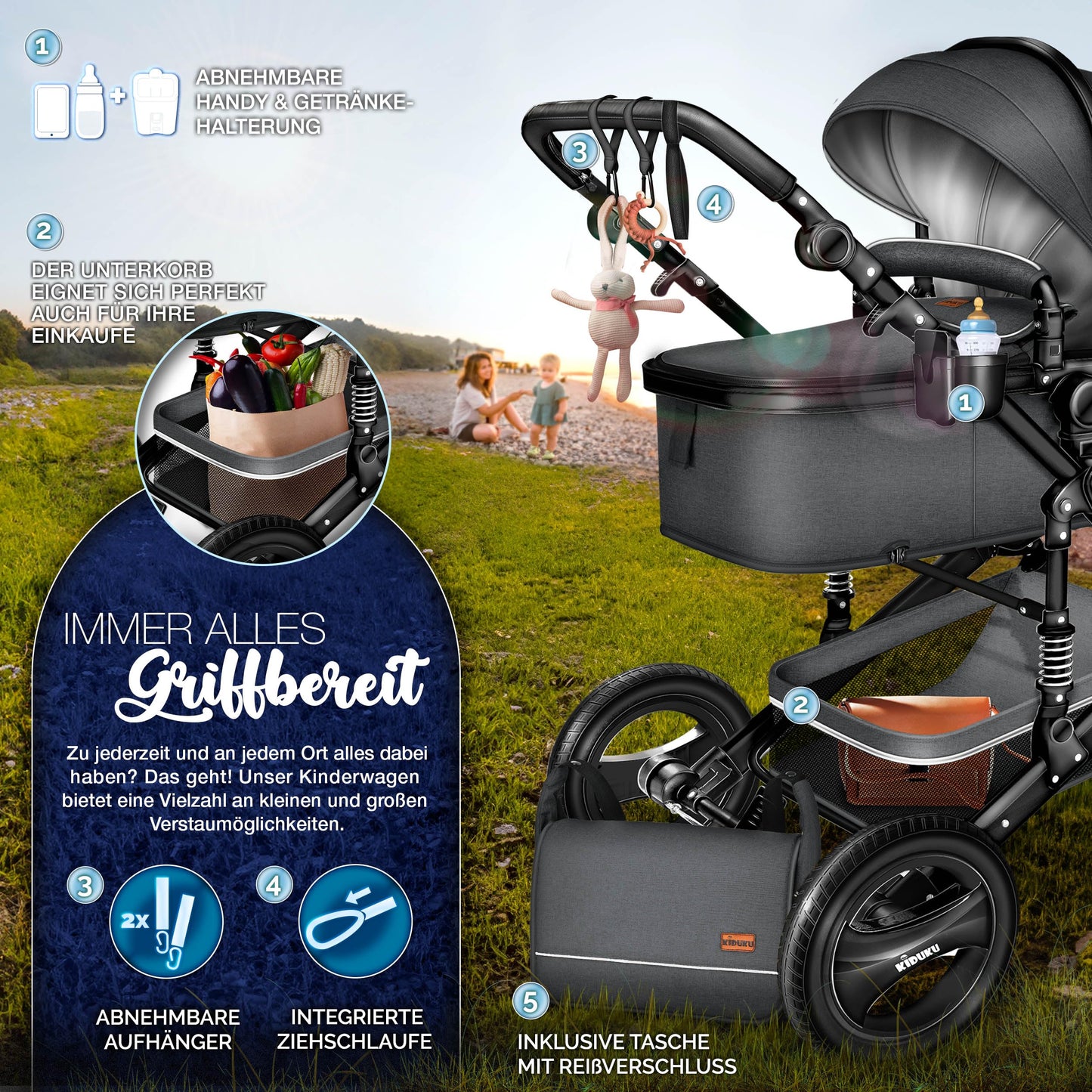 KIDUKU 3-in-1 Kinderwagen Komplettset, Kombikinderwagen, Babywanne, Buggy, Auto-Babyschale, Fußsack, ECE R129