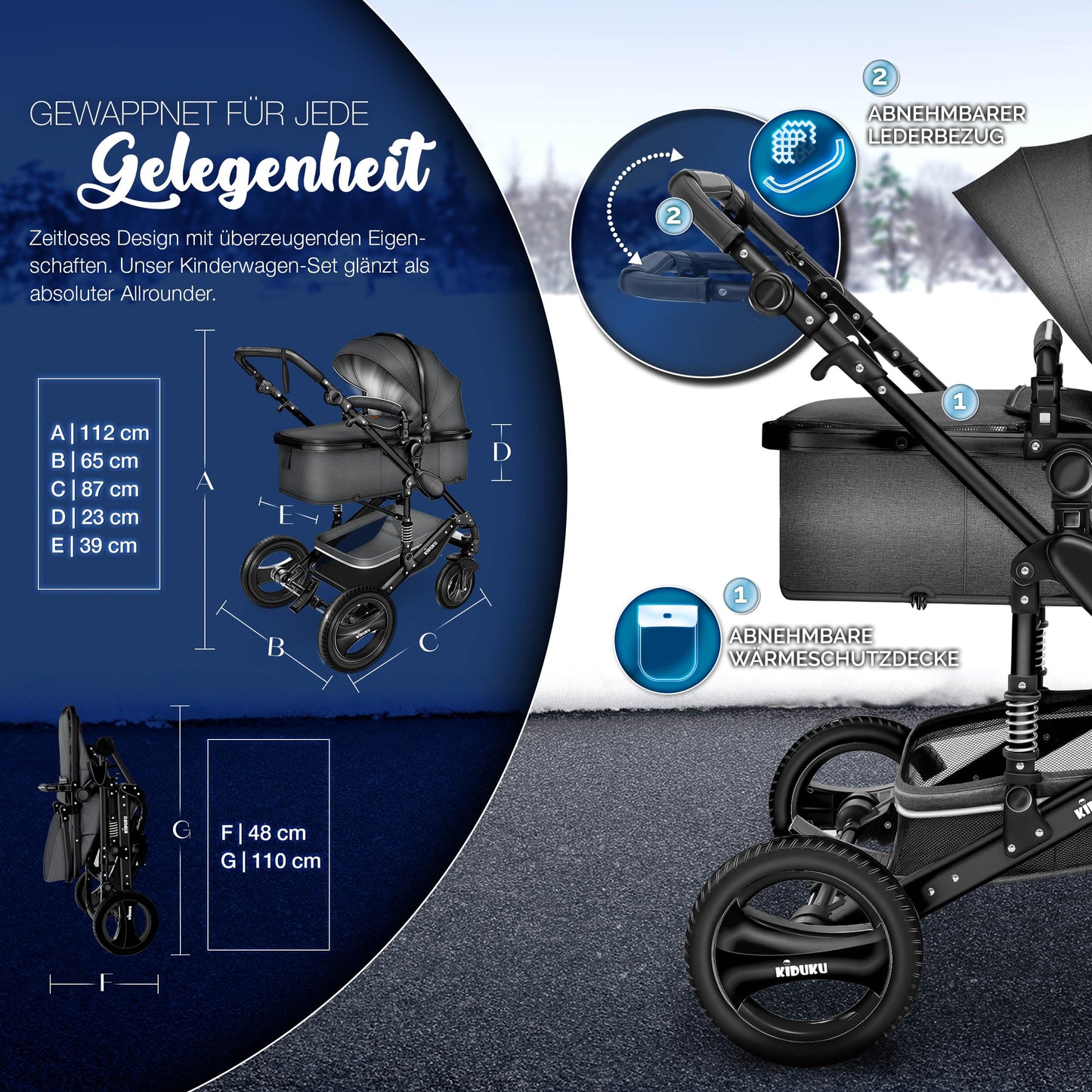 KIDUKU 3-in-1 Kinderwagen Komplettset, Kombikinderwagen, Babywanne, Buggy, Auto-Babyschale, Fußsack, ECE R129