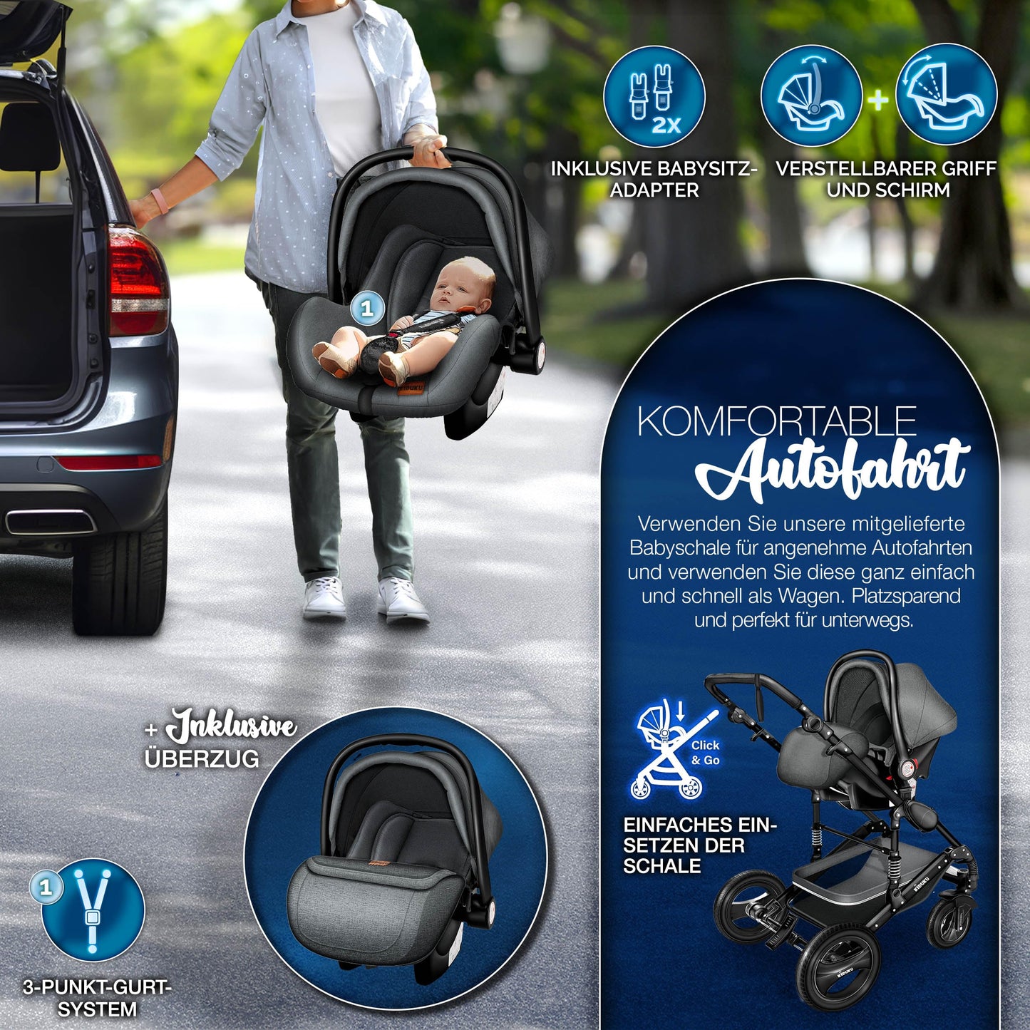 KIDUKU 3-in-1 Kinderwagen Komplettset, Kombikinderwagen, Babywanne, Buggy, Auto-Babyschale, Fußsack, ECE R129