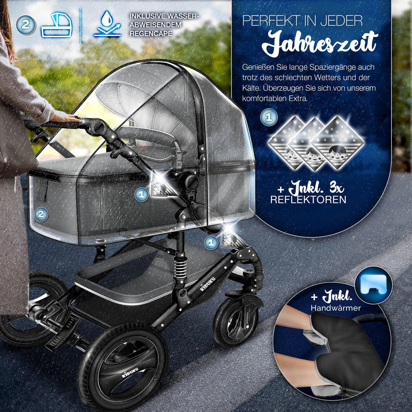 KIDUKU 3-in-1 Kinderwagen Komplettset, Kombikinderwagen, Babywanne, Buggy, Auto-Babyschale, Fußsack, ECE R129